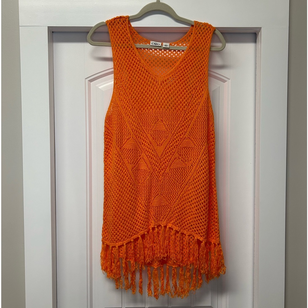 Cato Crochet Neon Orange 90s Y2K Style Tank Sweater With Tassles Size L